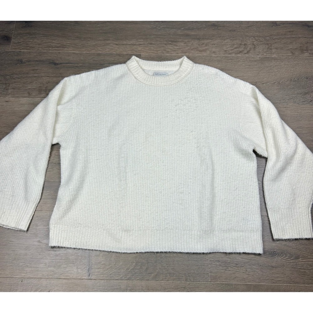 American Eagle Womens XL Cream Ribbed Crew Neck Fuzzy Knit Pullover Sweater
